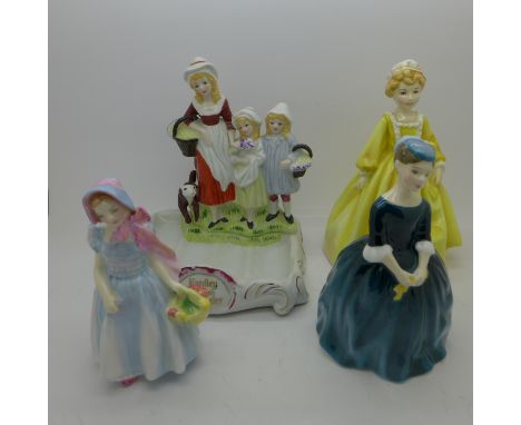 Two Royal Doulton figures, a Royal Worcester figure, Grandmother's Dress and a Yardley English Lavender advertising display