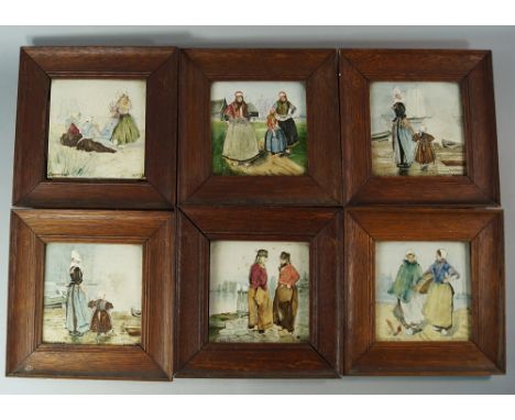A collection of Dutch ceramic tiles, 20th century, by Distel, decorated with scenes of people in regional costumes, stamps to