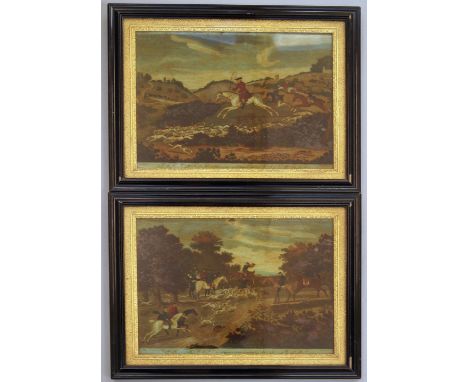 A pair of early 19th century reverse painted prints on glass, depicting hunting scenes, both with carved and gilded slip with