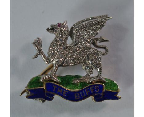 A Royal East Kent Regiment 'The Buffs' 9ct gold, enamel and diamond set brooch, Birmingham 1984, Garrard & Co, Ltd, brooch, i