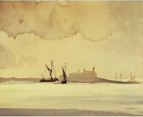 John Coleman, British, late 20th/early 21st century- Coastal scene with shipping; watercolour, signed, 25.5x32cm: together wi