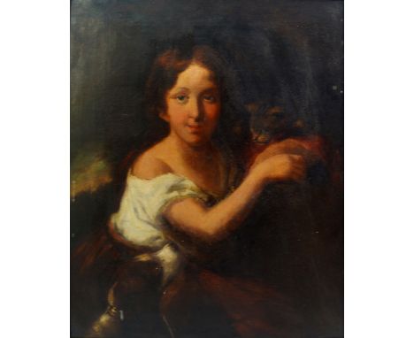 Follower of Margaret Sarah Carpenter, British 1793-1872- Portrait of a girl with a cat; oil on canvas, in an early 20th centu