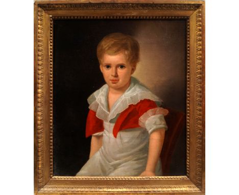 French School, early 19th century- Portrait of a young boy, wearing a red jacket seated three-quarter length; oil on canvas, 