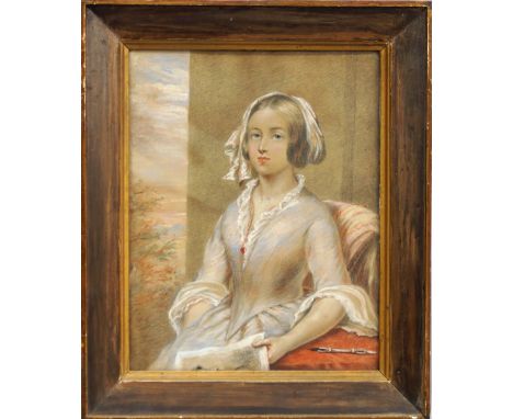 British School, mid 19th century- Portrait of a lady, seated half-length by a window holding a drawing; black and coloured ch