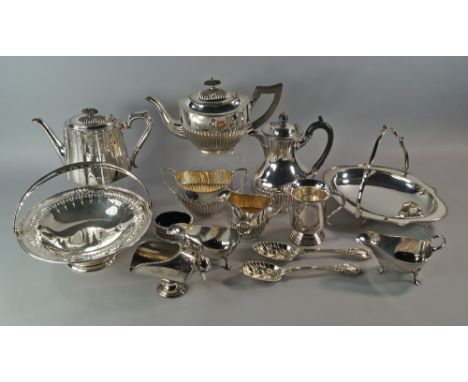 A large collection of silver plate, to include a four piece tea service, entrée dishes, baskets, sauce boats, cruets, salts, 