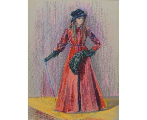 Adèle Barton, British 1911-2013- Study of a lady standing full length in Victorian dress; pastel on cardboard, 56x40cm: toget