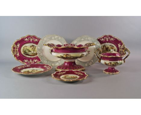 A Victorian porcelain part dinner/tea service, painted to the centres wirth views of homes and buildings in landscapes, with 