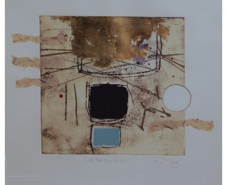 Ian Wilkinson, British b.1962- "Let the Sun Shine", "Inca Fall", and "Floating"; etching in colours, collage & gold metal lea