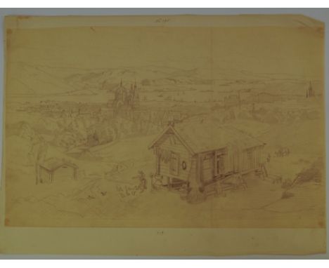 Carl Friedrich Heinrich Werner, German 1808-1894- View of an alpine cottage with a cathedral, townscape and river valley beyo