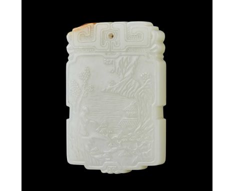 WHITE JADE PLAQUE QING DYNASTY OR LATER 清或更晚&nbsp;白玉雕葡萄紋吊墜one side carved with a landscape setting with a building surrounded