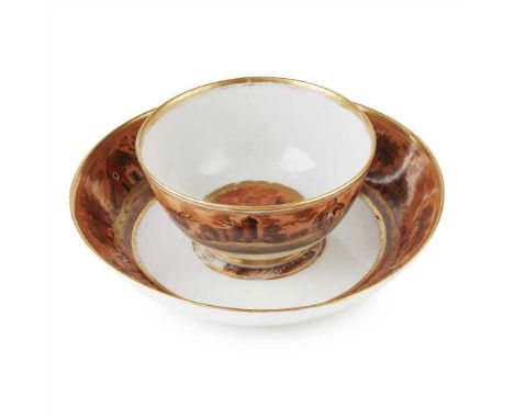 ENAMELLED CUP AND SAUCER QIANLONG PERIOD&nbsp;乾隆&nbsp;西洋畫粉彩茶盞托 in amber tones after the Derby style, the interior of the cup 