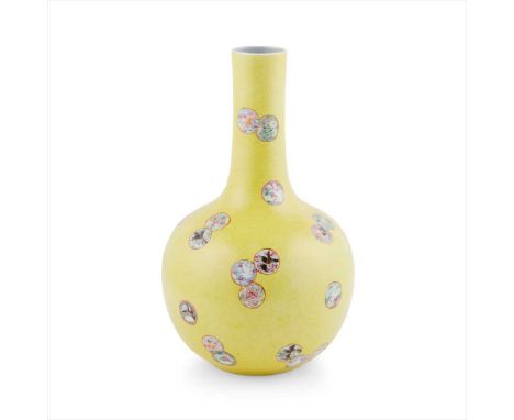 FAMILLE ROSE YELLOW GROUND SCRAFFIATO BOTTLE VASE QIANLONG MARK BUT 19TH CENTURY 乾隆款 檸檬黃地軋道開光天球瓶the finely potted body decora