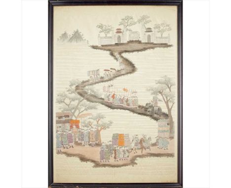 EMBROIDERED ‘ROYAL-PROGRESS’ PANEL LATE QING DYNASTY-REPUBLIC PERIOD, 19TH-20TH CENTURY&nbsp;清末民初 皇帝出巡圖刺綉挂幅 on a pale golden 