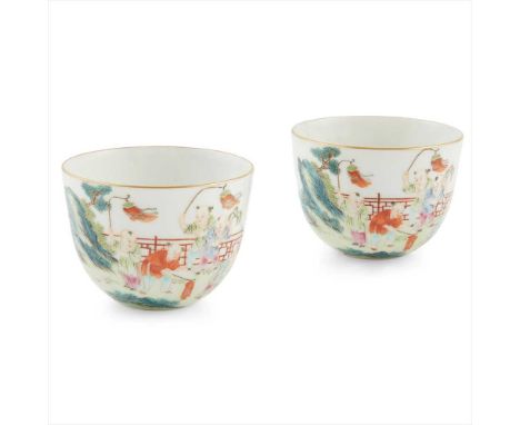 PAIR OF FAMILLE ROSE TEACUPS QIANLONG MARK BUT 19TH CENTURY&nbsp;乾隆款 粉彩嬰戲紋對杯 each thinly moulded from a countersunk base to a