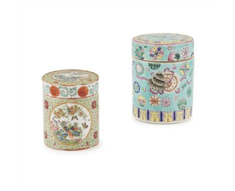 FAMILLE ROSE TEA CADDY LATE QING DYNASTY-REPUBLIC PERIOD, 19TH-20TH CENTURY&nbsp;清末民初 粉彩帶蓋罐（兩件） the cylindrical shaped body p