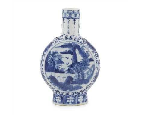 BLUE AND WHITE MOON FLASK KANGXI MARK BUT 19TH CENTURY康熙款 青花抱月壺painted with two mirrored landscape scenes with rugged and lay