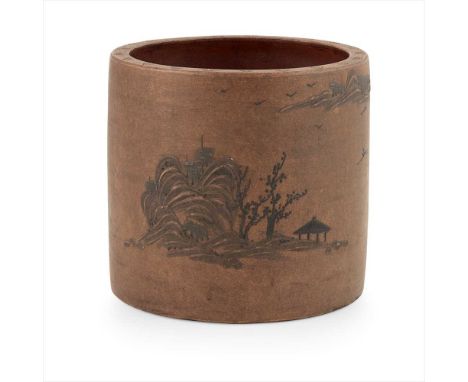 YIXING STONEWARE BRUSH POT YANG JICHU MARK 楊季初款 宜興紫砂堆繪山水詩文筆筒of cylindrical form, the body decorated with natural settings wit