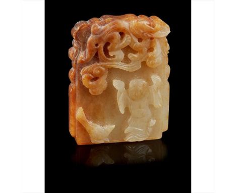 YELLOW JADE PLAQUE QING DYNASTY, 19TH CENTURY&nbsp;清 黃玉雕‘歡天喜地’吊墜 one side carved with a Taoist immortal Liu Haichan running t