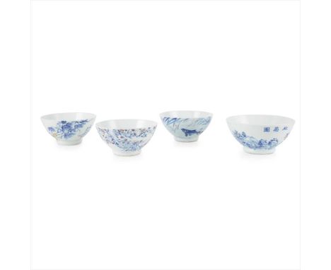GROUP OF FOUR BLUE AND WHITE AND COPPER-RED BOWLS WUKANG MARK, MADE IN 1989&nbsp;吳康製 一九八九年 青花加彩碗（一組四件） each decorated either 