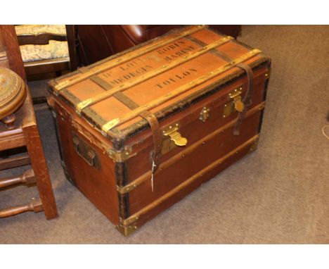 French travelling trunk with brass mounted wooden stags, the lid stencilled for Dr. Louis Robin, MEDECIN MARINE, Toulon
