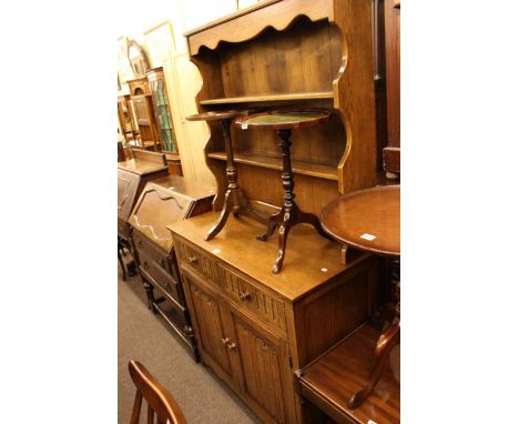 Oak shelf back dresser, refectory table and four chairs