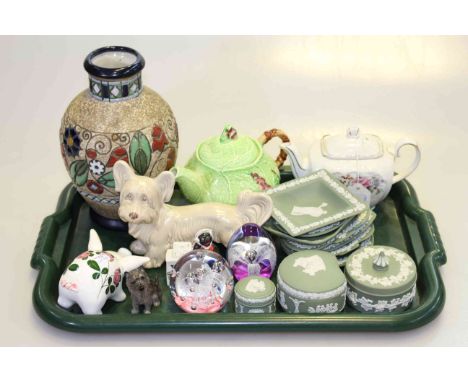 Austrian Amphora vase, Carlton teapot, Plichta pig, Wedgwood green Jasperware, etc