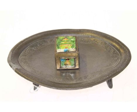 Antique pewter teapot stand and enamel stamp box (2)