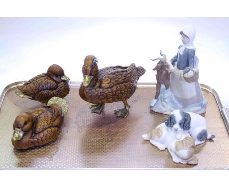 Lladro girl and goat, Nao dog group and three wood ducks