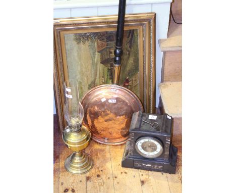 Victorian polished slate and marble mantel clock, brass oil lamp, engraved copper warming pan and a primitive oil painting (4