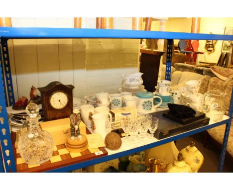 Various tea and dinnerware, chess set, mantel clock, cutlery, glass decanter and glasses, etc