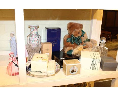 Nao and Doulton figures, Harrods Christmas bear and two other soft toys, glass decanter and vase, Oriental vase and collectab