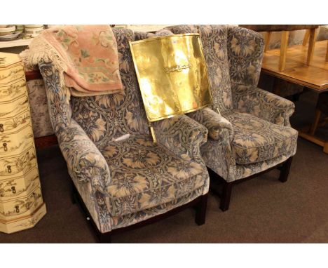 Pair of wood framed wing fireside chairs, Chinese rig and brass firescreen