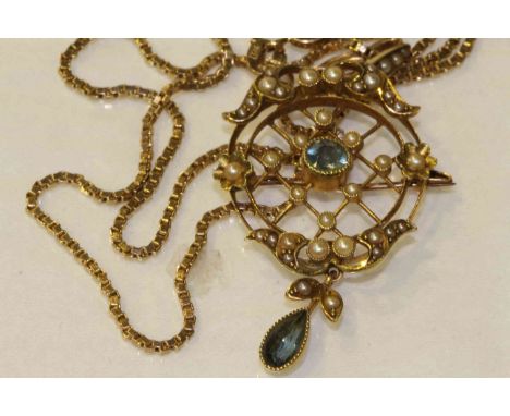 15 carat gold, seed pearl and aquamarine pendant