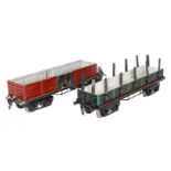 2 Märklin Hochbordwagen, Spur 1, HL, einer mit Rungen, 4A, 1 Runge fehlt, LS und Ausbesserungen, L