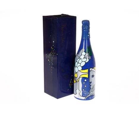 1 Flasche Taittinger Champagner, ”Art-Ausgabe”, Millesime 1985, Roy Lichtenstein, verschlossen, OK mit Alterungsspuren