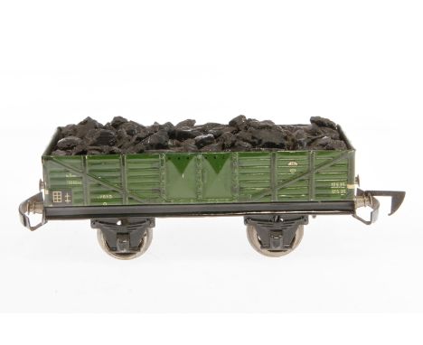Märklin offener Güterwagen 1762 K, Spur 0, CL, mit Kohleladung und automat. Kupplung, LS und gealterter Lack, L 16,5, Z 2-3