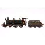 Bing 2-B Dampflok 7138, Spur 1, uralt, Uhrwerk intakt, grün/schwarz, mit Tender und 3 imit.