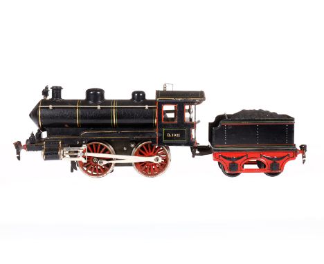 Märklin B-Dampflok R 1021, mit 2A-Tender, Spur 1, Uhrwerk intakt, 3 Stecklaternen, Galeriestangen, Alterungs- und Gebrauchssp