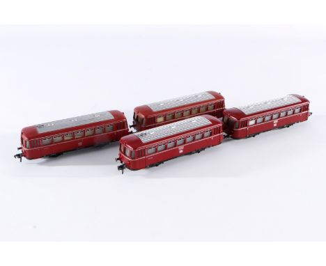 4 Fleischmann Schienenbus-Anhänger, Spur H0, rot, Alterungsspuren, Z 3