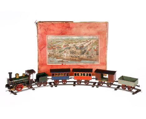 Märklin Zugpackung, Spur 2, uralt, HL, mit A-1 Dampflok 1022 R, mit 2A-Tender, Uhrwerk intakt, v+r, mit Bremse und Galeriesta