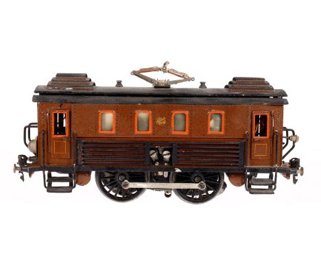 Märklin B E-Lok 1302, Spur 1, elektr., braun HL, 2 el. bel. Stirnlampen im Gehäuse, bewegl. Pantograph, gealterter Lack, spät