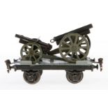 Märklin Militär-Plattformwagen, Spur 1, uralt, HL, beladen mit 2 versch. Kanonen, Rahmenbereiche