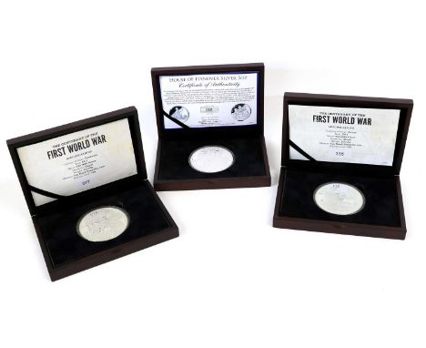 3x 5oz Silver Coins, comprising, House of Hannover silver medallion 2014 (.999 silver, 65mm, 155.53g); and 2x Centenary of Th