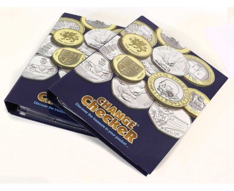 2x Decimal Change Checker Folders, first folder featuring a range of commemorative and standard issue 50p, £1 and £2 coins, s