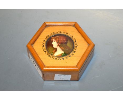 A French Art Nouveau satinwood box, portrait of a young lady
