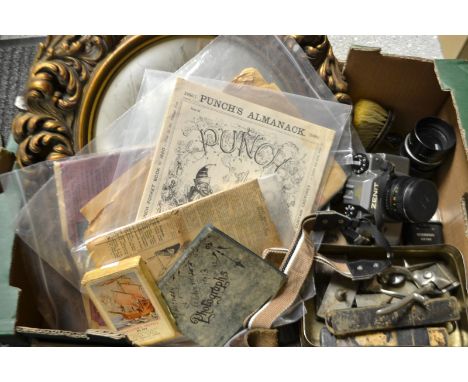 A Zenit 122 50 years camera; boy scouts belt; Punch and comic magazines; shaving items, memorabilia, etc