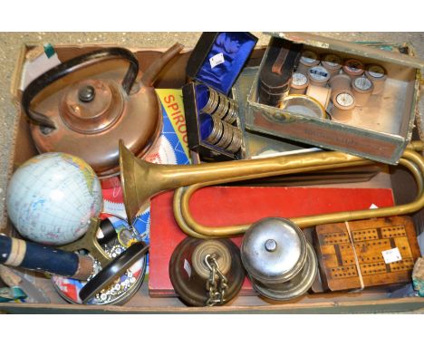 Boxes & Objects - a brass bugle; Xylophone, bell; six silverplated napkin ring, cased; a rolled gold suspension watch; costum