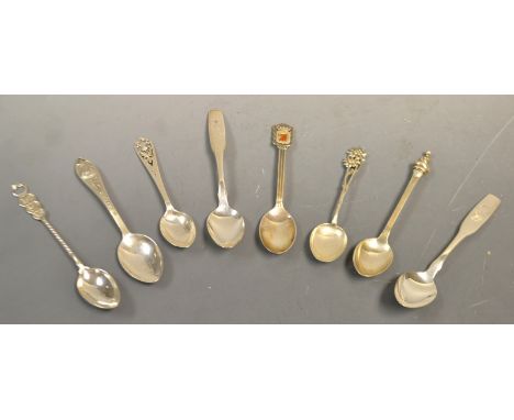Silver flatware - a Danish souvenir spoon; others Canadian, Scottish, American etc (8)