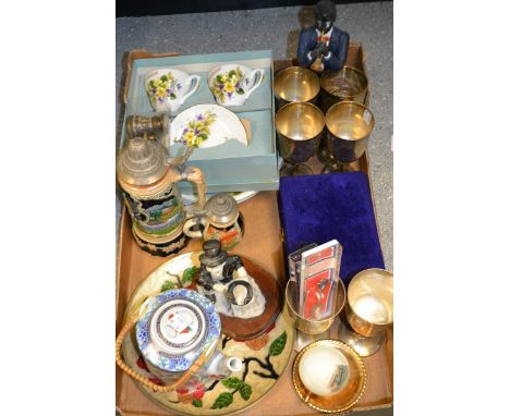 A modern folding clock; a large reproduction Italian style urn vase;  a silver filigree table salt as a chair;  figures, cera