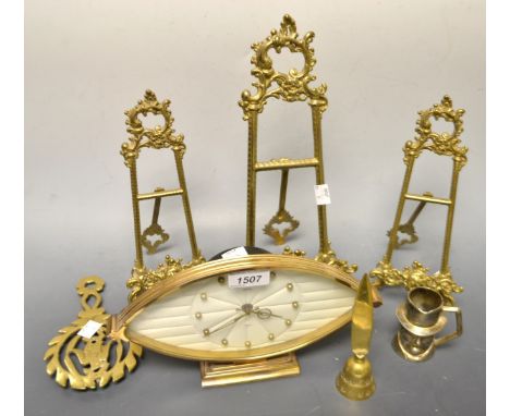Boxes and objects- a Smiths Art Deco mantle clock, brass easels, desk items